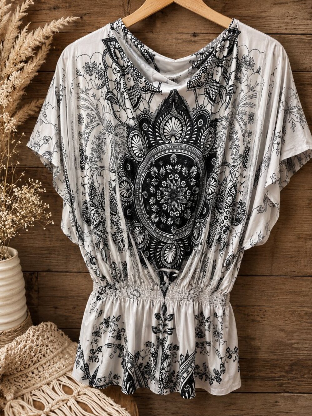 CDR Black & White Boho Mandala Print Peplum Blouse